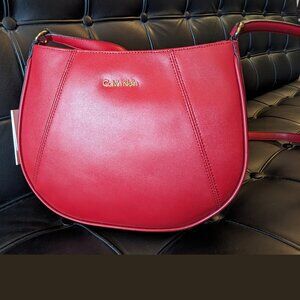 NEW Calvin Klein Red Leather Crossbody Bag Gold Logo | 50″ Strap